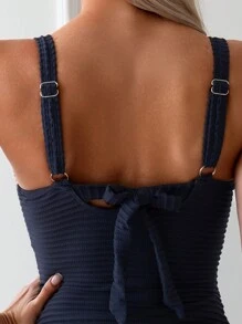 SHEIN Swim 夏季海灘女士對比蕾絲邊連帽背心泳衣套裝，綁帶背心 - 藏蓝色 - 查看 4