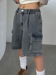 DAZY Women's Retro Denim Cargo Shorts With Elastic Waist And Wide Leg, Casual Loose Fit Summer Denim Shorts Jorts - Medium Wash - View 6