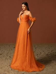 Vestido De Noche Elegante Y Deslumbrante De Color Naranja Con Hombro Descubierto Y Malla - Naranja - Ver 6