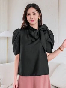 DAZY 女款純色泡泡袖層疊領襯衫 - 黑色 - 查看 3