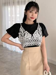 FRIFUL Ladies Round Neck Lace Spliced 2 In 1 T-Shirt - Black - View 6
