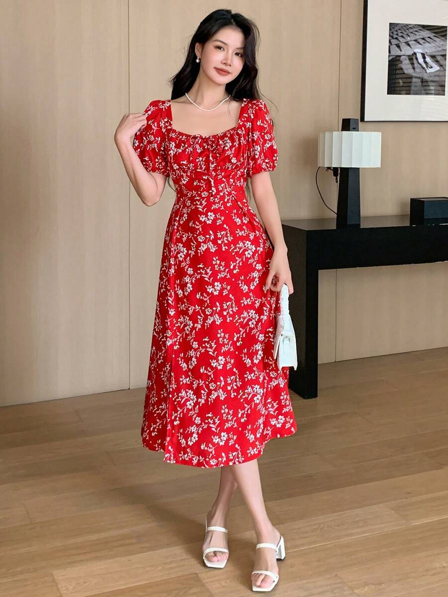DAZY Side Split Square Neck Floral Printed Dress,Milkmaid Dress Sundress Valentine's Day Vacation Outfits Women - Red - View 1