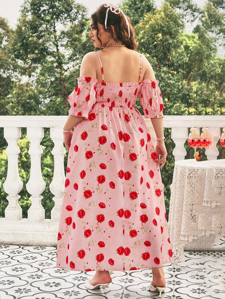 Plus Size Floral Print Open Shoulder Puff Sleeve A-Line Dress
