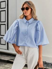 SHEIN Privé Của phụ nữ Màu thuần Xếp li Tay áo chuông Áo sơ mi - Màu xanh lam - Xem 5