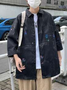 Nam Hoa In thư Lỏng lẻo phù hợp Thả vai Áo sơ mi - màu đen - Xem 3