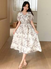 DAZY Đầm maxi họa tiết hoa, cổ chữ V, chất liệu chiffon, viền xếp ly và eo nhún. - Cà phê - Xem 4