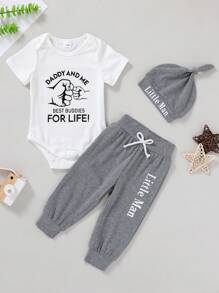 3pcs Cute And Comfortable Baby Boy's Soft Breathable Romper Set With Letter And Gesture Print, Letter Slogan Front Tie Pants, And Hat. Suitable For Casual, Daily, Vacation, And Parties