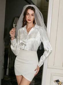 SHEIN Privé 提花緞面襯衫 - 白色 - 查看 5