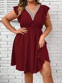 SHEIN Holidaya Kích thước lớn Khối màu Ren Vá lại Xù Hoa Sen Đầm - Màu Đỏ Sâu - Xem 5
