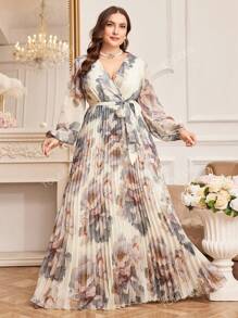 Vestido de manga larga estampado floral de talla grande y modesto