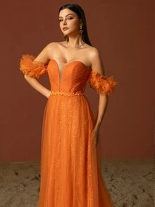 Vestido De Noche Elegante Y Deslumbrante De Color Naranja Con Hombro Descubierto Y Malla - Naranja - Ver 5