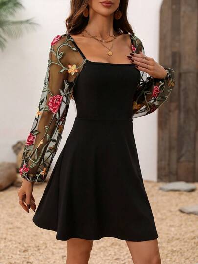 EMERY ROSE Ladies" Black A-Line Holiday Casual Dress With Flower Sleeve, Mesh Splicing And Lantern Sleeve Design, And Waist Belt Fall Cloth For Women