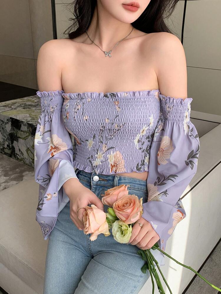 Floral Print Off Shoulder Blouse Summer,Back To School,Fall Long Sleeve Top Vacation Boho
