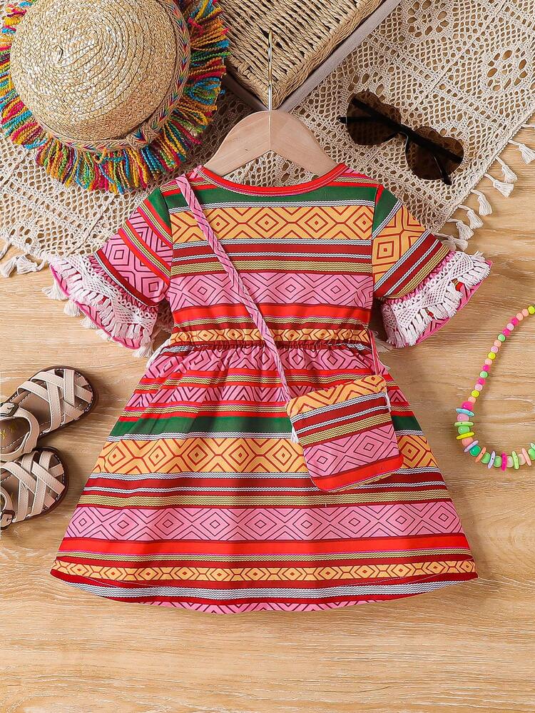 Baby Girl Summer New Arrival Geometric Printed Short Sleeve Fringed Hem Dress