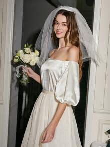 Aveloria Off Shoulder Puff Sleeve Satin Blouse - Beige - View 1