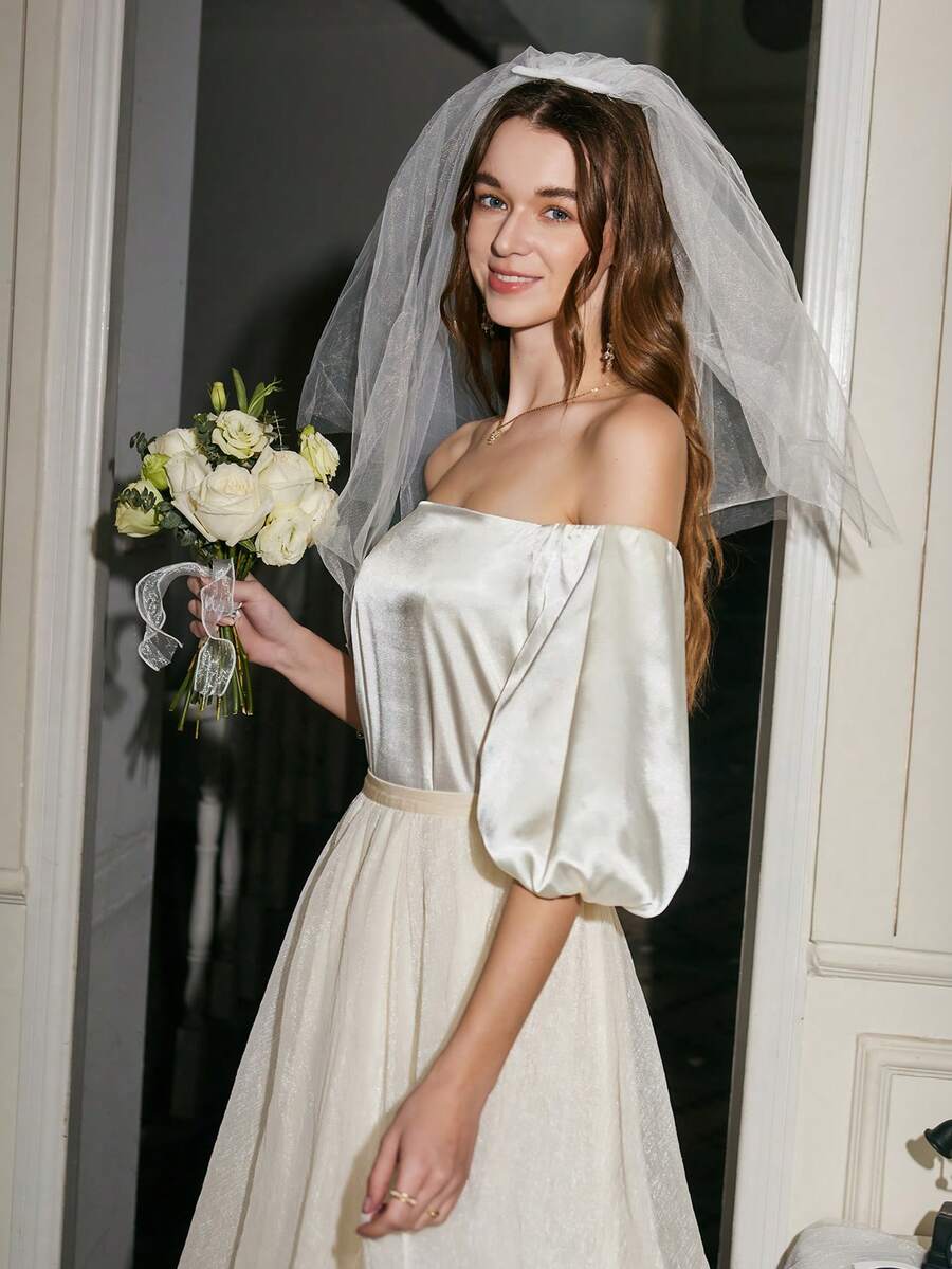 Aveloria Off Shoulder Puff Sleeve Satin Blouse - Beige - View 1