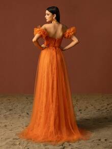 Vestido De Noche Elegante Y Deslumbrante De Color Naranja Con Hombro Descubierto Y Malla - Naranja - Ver 3