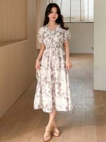 DAZY Đầm maxi họa tiết hoa, cổ chữ V, chất liệu chiffon, viền xếp ly và eo nhún. - Cà phê - Xem 3