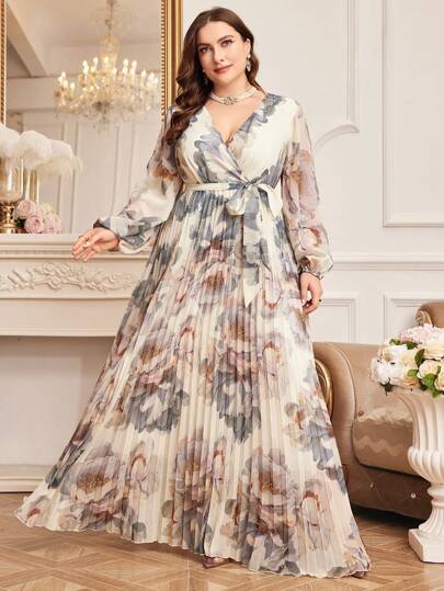 Vestido de manga larga estampado floral de talla grande y modesto