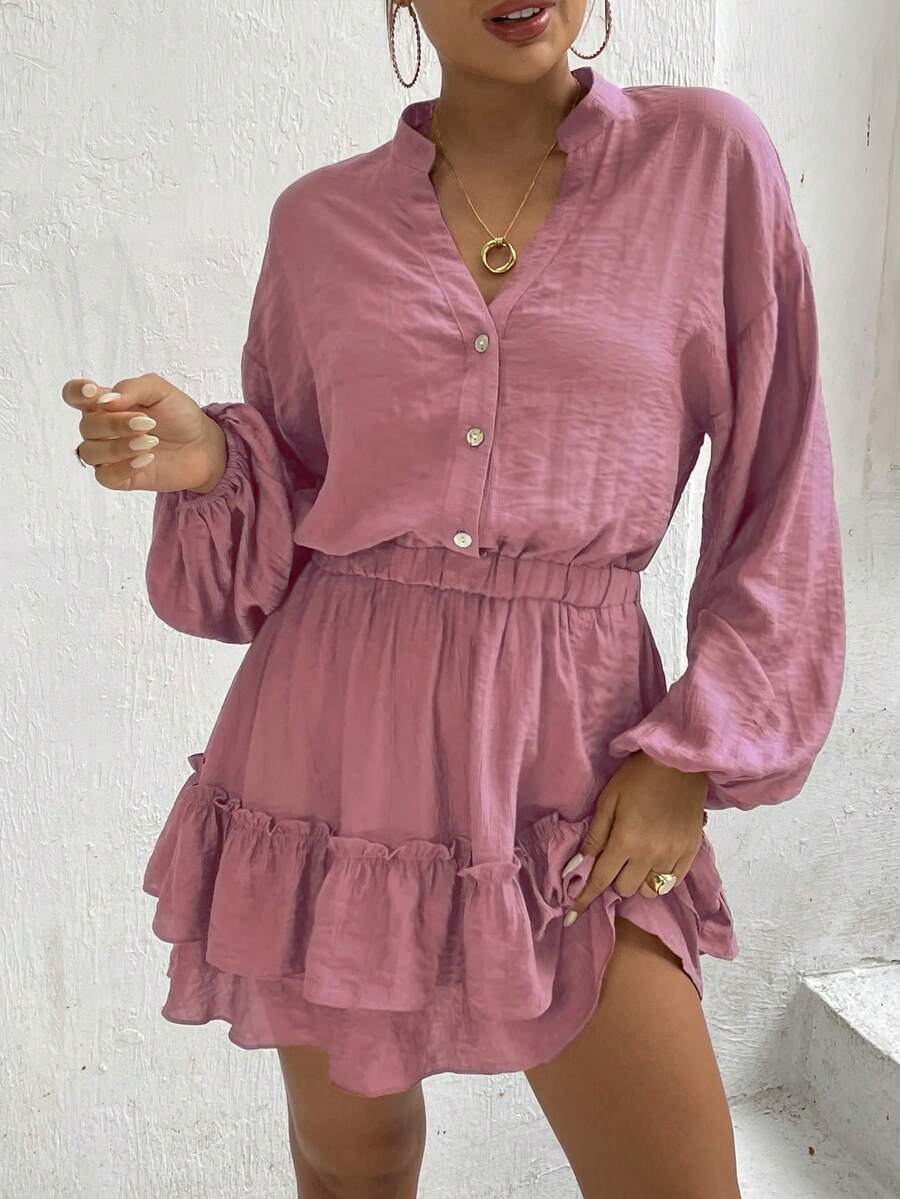 Pink Crinkle Ruffles Dress Women Holiday - Pink - View 1