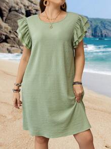 EMERY ROSE Plus Size Solid Color Ruffle Hem Dress - Green - View 5