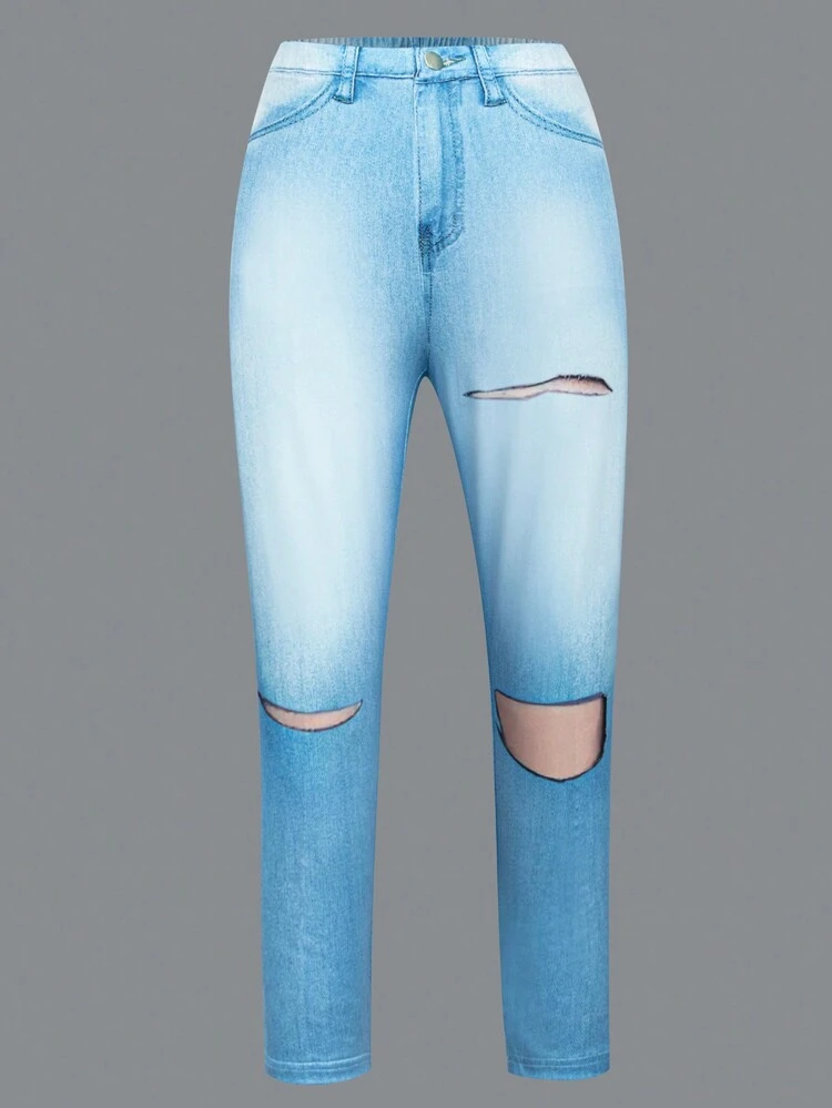 Plus Size Criss-Cross Strap Distressed Leggings Fall Cloth For Women