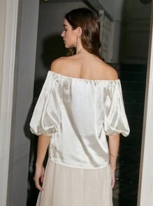 Aveloria Off Shoulder Puff Sleeve Satin Blouse - Beige - View 2