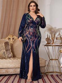 Vestido de noche de manga larga con patrón de lentejuelas para mujer de talla grande, elegante vestido formal para graduación, cena, boda y fiesta - Multicolor - Ver 4