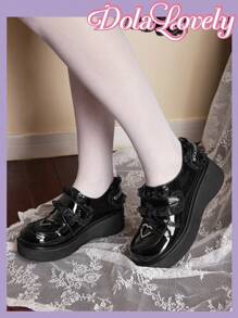 Dola Lovely 女蕾絲設計厚底坡跟鞋 - 黑色 - 查看 2