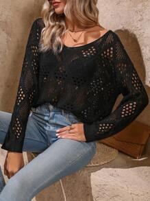 Femmeiva French Style Solid Color Hollow Out Knitted Casual Sweater For Women, Fall Winter - Black - View 6