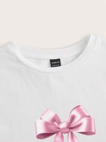 SHEIN EZwear 女士休闲简约粉色蝴蝶结装饰白色圆领短袖修身短款 T 恤，棉质 - 白色 - 查看 4
