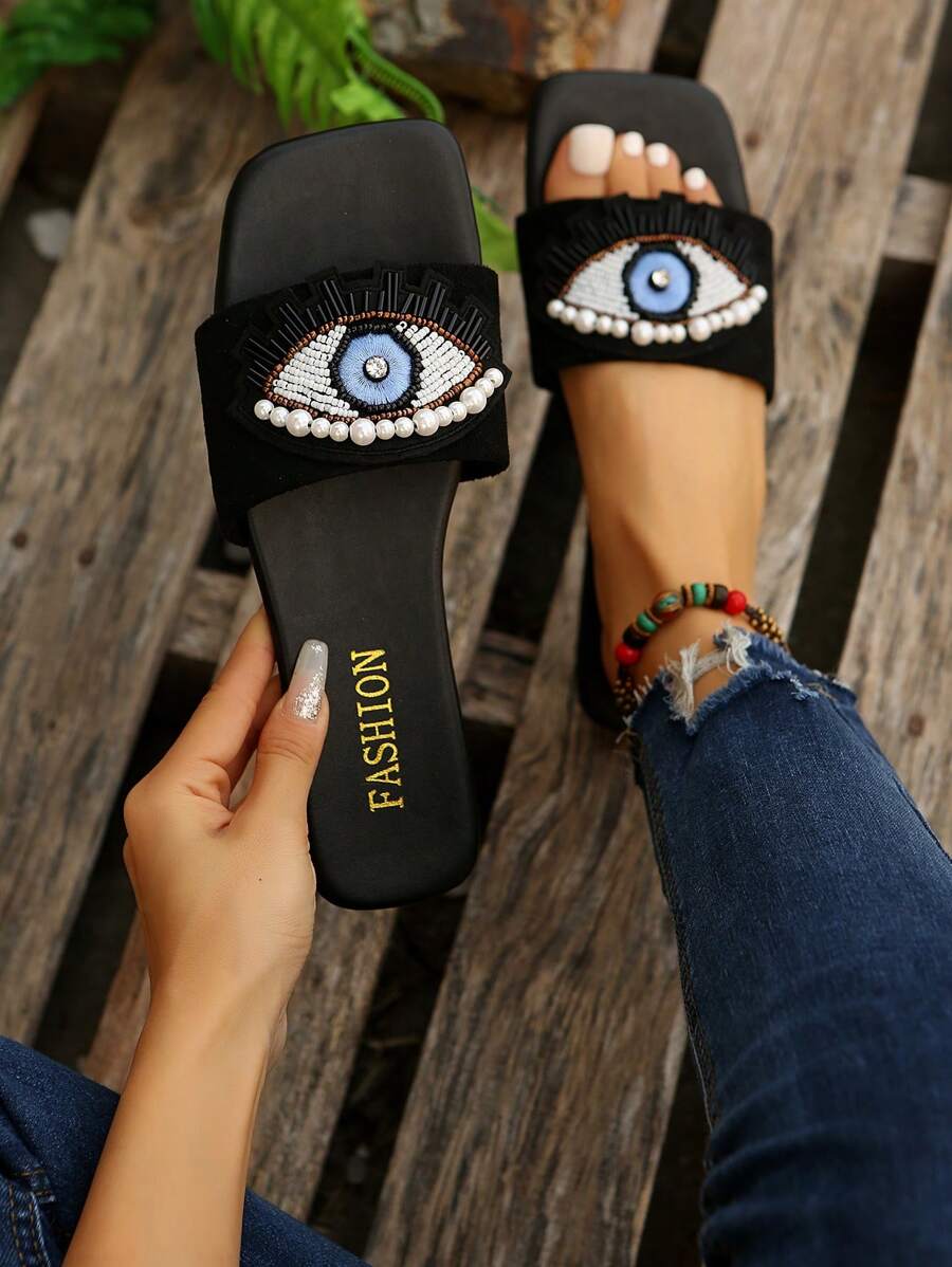 Women's Square Toe Flat Sandals With Rhinestone And Pearl Decor, Casual Slip-On Beach Style Flat Slippers,Spring Summer Outfits