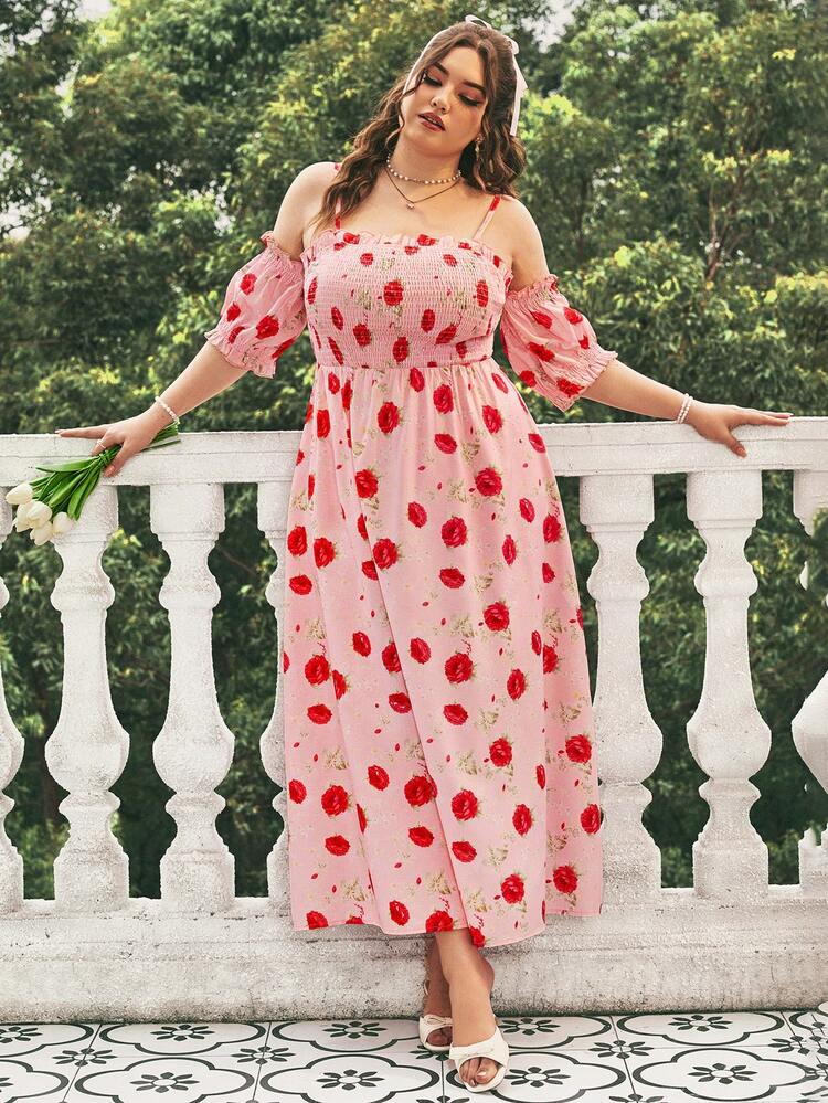Plus Size Floral Print Open Shoulder Puff Sleeve A-Line Dress