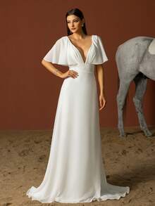 Minimalist Sweetheart Neck Ruffle Sleeve French Style Light Wedding Dress - White - View 7