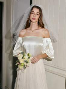 Aveloria Off Shoulder Puff Sleeve Satin Blouse - Beige - View 4