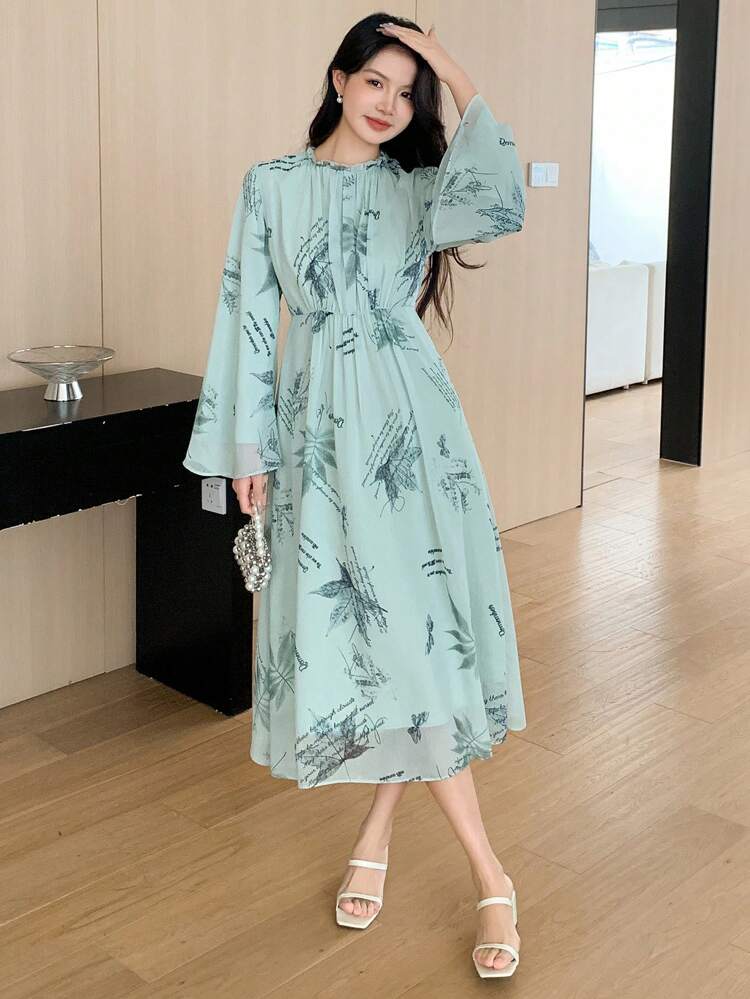 Vestido de gasa con estampado de hoja de arce y eslogan para mujer, vestido largo de manga larga para vacaciones