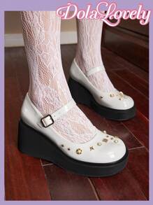 Dola Lovely Women'S Faux Pearl Studded Mary Jane Shoes With Chunky Heel, Heart Buckle, Fashionable Wedge Shoes For Women