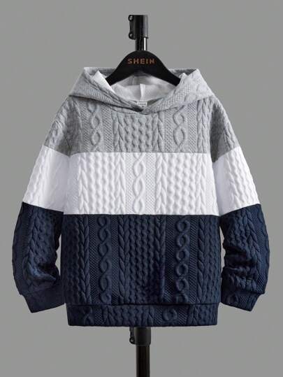 SHEIN Tween Boy Kontrastfärgad Hoodie med Nedsänkta Axlar Långärmad Avslappnad Tröja, Höst/Vinter