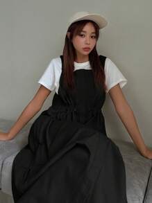 DAZY 纯色长款工装风吊带连衣裙，休闲女式连衣裙 - 黑色 - 查看 4