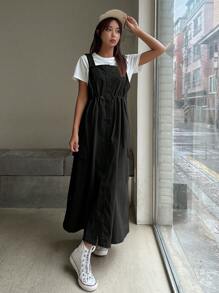 DAZY 纯色长款工装风吊带连衣裙，休闲女式连衣裙 - 黑色 - 查看 5