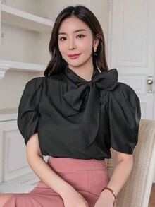 DAZY 女款純色泡泡袖層疊領襯衫 - 黑色 - 查看 4