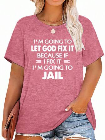 플러스 사이즈 여성 반팔 라운드 넥 슬로건 프린트 티셔츠