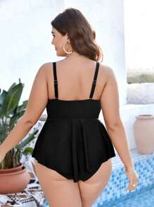 SHEIN Swim Curve Summer Beach Women's Solid Color Plus Size Tankini Swimsuit - Black - View 2