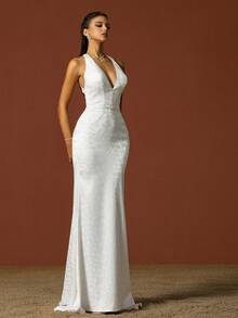 Simplicity Halter V-Neck French Style Light Wedding Dress - White - View 3