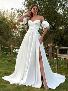 שמלות כלה עם שרוולים נפוחים להסרה לכלה עם כיסים שמלות נשף סאטן עם שסע גבוה שמלות נשף אביב לבן - לבן - ראה 6