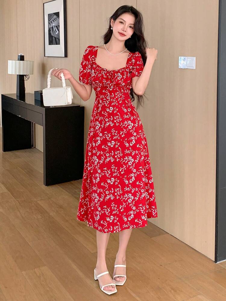 Side Split Square Neck Floral Printed Dress,Milkmaid Dress Sundress Valentine's Day Vacation Outfits Women Boho