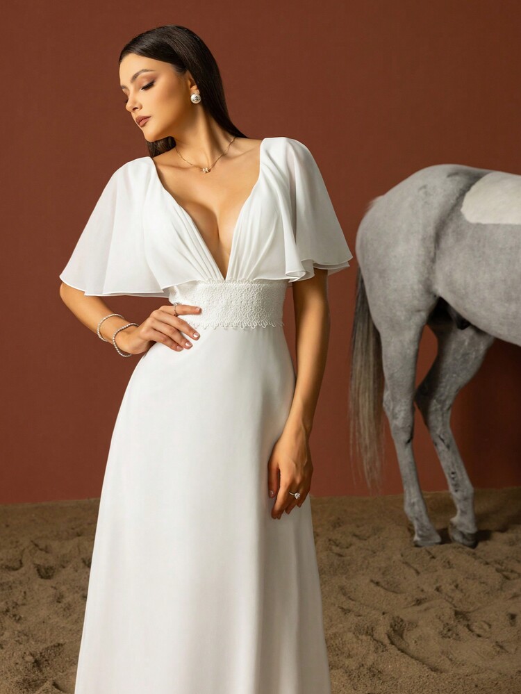 Minimalist Sweetheart Neck Ruffle Sleeve French Style Light Wedding Dress - White - View 3