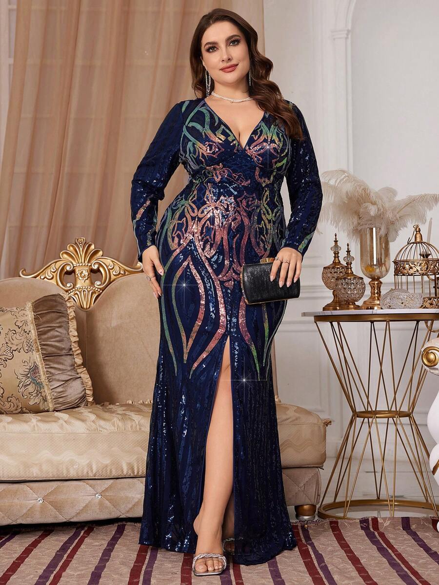 Vestido de noche de manga larga con patrón de lentejuelas para mujer de talla grande, elegante vestido formal para graduación, cena, boda y fiesta - Multicolor - Ver 1