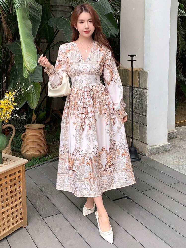 V-Neck Floral Print Long Sleeve Dress With Cutout Waist And Slit,Fall Dress Vacation Outfits Women Easter Boho