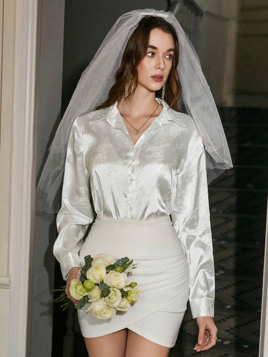 SHEIN Privé 提花緞面襯衫 - 白色 - 查看 1